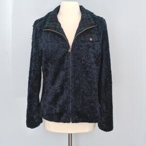 Women's Pendleton Fuzzy Zip Navy Plaid Fleece Jacket Medium Pockets Fall